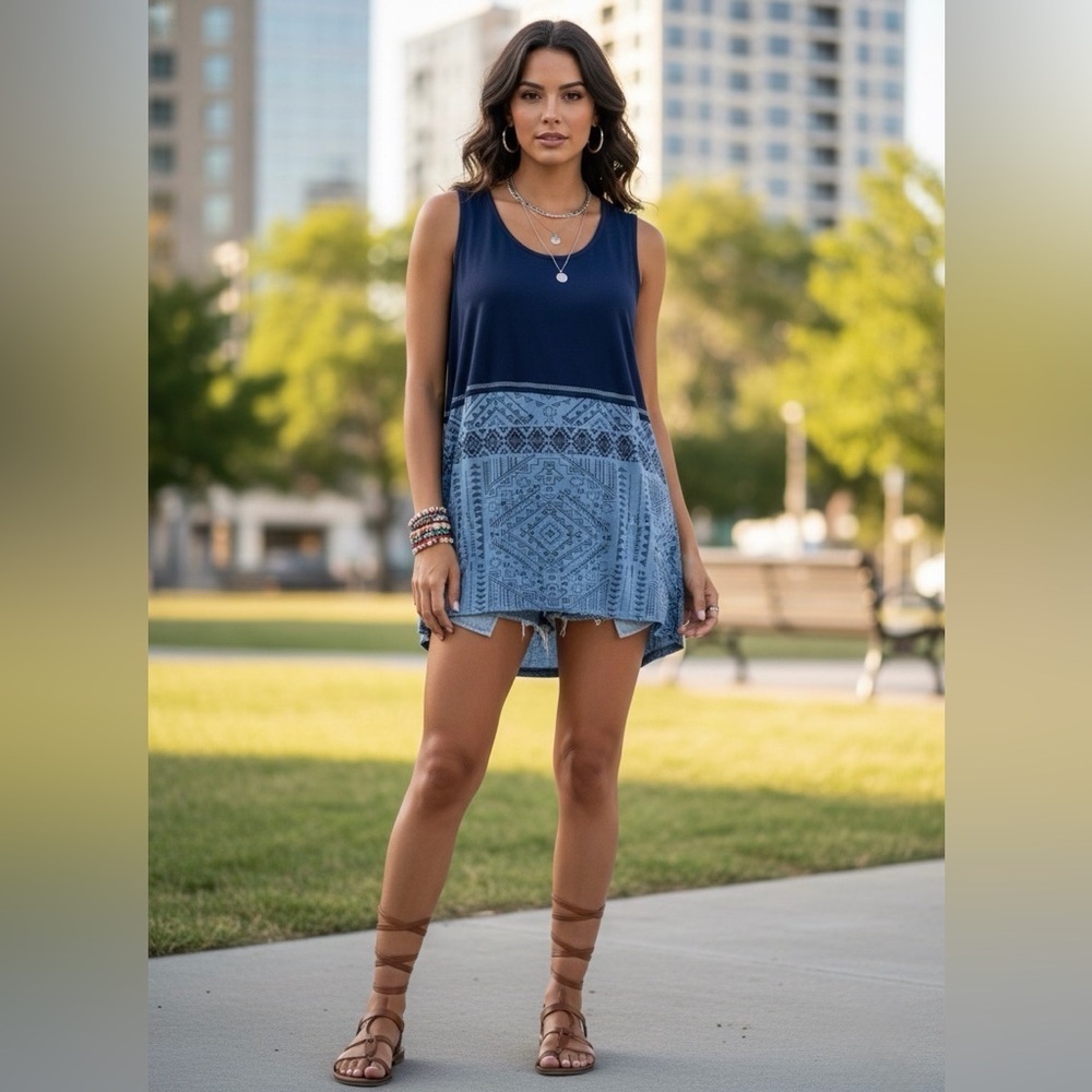 Kathmandu Blue Sleeveless Boho Hippie Festival Top with Patterned Hem Free Size